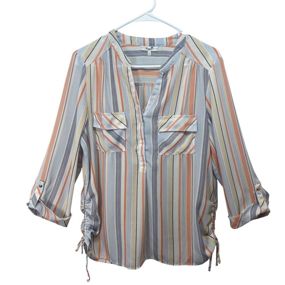 Poppi Women's Blouse Size L Orange Blue Striped 3/4 Sleeve Casual
